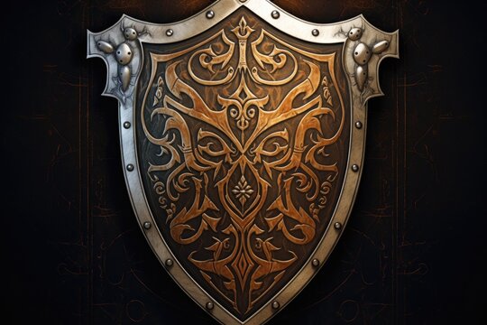 Illustration of a knight's shield with intricate designs, defense, emblem.