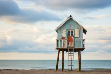 Coastal beach hut on stilts with panoramic sea horizon.