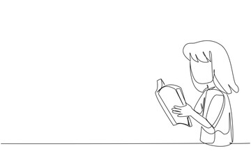 Continuous one line drawing girls are very focused on reading books. Reading fiction story books during school holidays. Book festival concept. Good habit. Single line draw design vector illustration