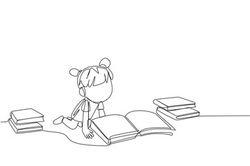 Single one line drawing girls reading books happily. Good reading interest. Really enjoy reading story books. Reading everywhere. Book festival concept. Continuous line design graphic illustration