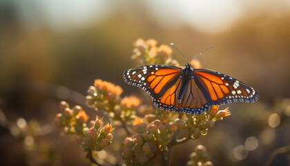 Obraz premium Vibrant monarch butterfly wing in multi colored, macro beauty of nature generated by AI