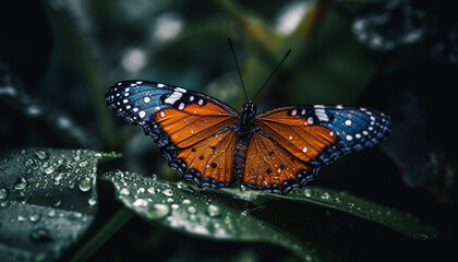 Fototapeta na wymiar Vibrant butterfly spotted on multi colored flower in tranquil forest generated by AI