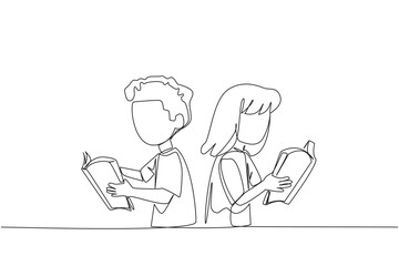Single one line drawing kids are very focused on reading a book. Reading fiction story books during school holidays. Book festival concept. Very good habit. Continuous line design graphic illustration