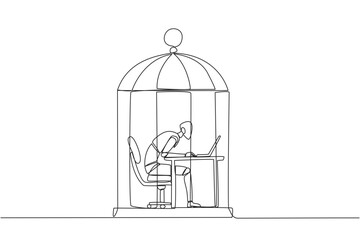 Single one line drawing robot trapped in the cage working on laptop computer. Plan to take annual leave to get away from routine. Workaholic. Overtime. Continuous line design graphic illustration
