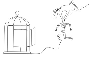 Continuous one line drawing big hands holding robot and want put in a cage. Trapping roughly. Beating a business opponent by cheating. Unfair business. Single line draw design vector illustration