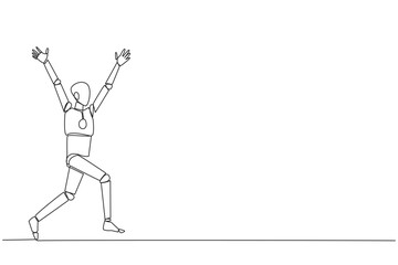 Single one line drawing robot running to celebrate the success of business. Like a football player who scores goal, doing celebrates. Success. AI tech. Continuous line design graphic illustration