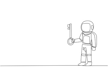 Continuous one line drawing astronaut holding key. Important key to increasing profit has been secured. Ready to become important inheritance for relatives. Single line draw design vector illustration