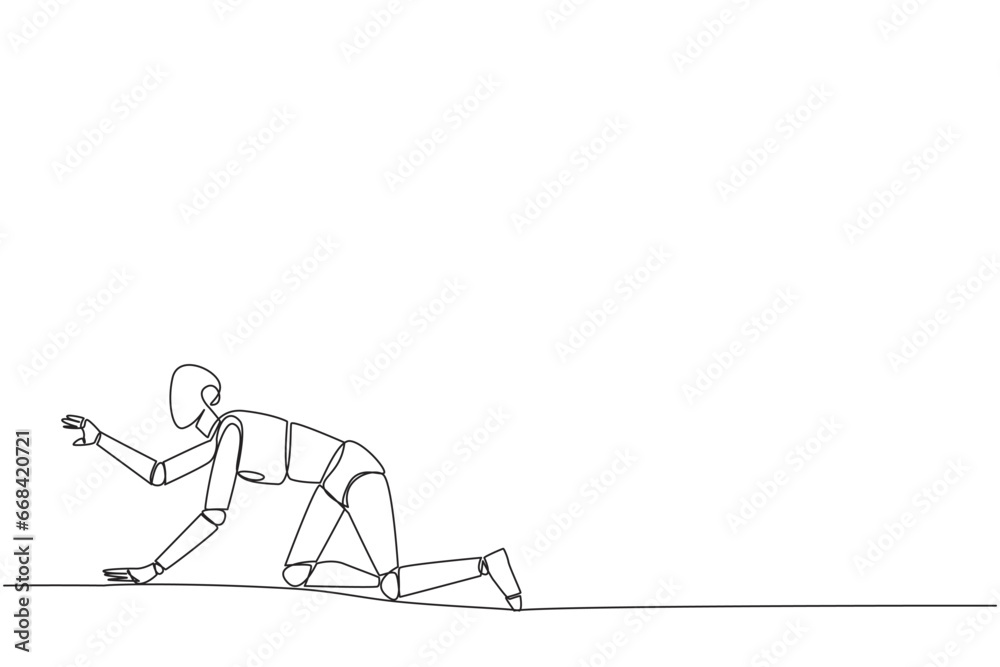 Poster single continuous line drawing robot artificial intelligence. trying to get up after being attacked 