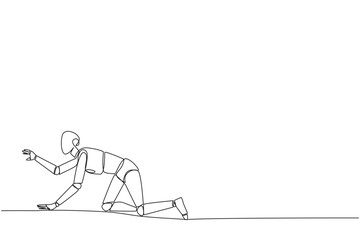 Obraz premium Single continuous line drawing robot artificial intelligence. Trying to get up after being attacked by pandemic. Starting from crawling, walking, then running fast. One line design vector illustration