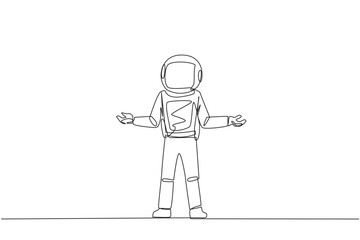 Continuous one line drawing young astronaut standing straight with open arms. Lonely and sadness astronaut lamenting undeveloped business. Unhappy manager. Single line draw design vector illustration