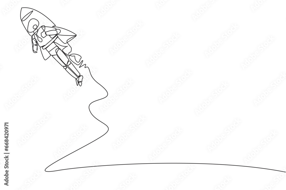 Wall mural Single one line drawing smart robot flying with rocket. Desire to take the business to the moon. Successful entrepreneur. The great smartest robot. AI tech. Continuous line design graphic illustration