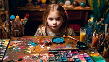 Cute Caucasian girl smiling, painting colorful portrait with messy creativity generated by AI