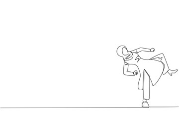 Continuous one line drawing Arabian businesswoman doing taekwondo movements. Kicking motion. Strong legs. Keeping business with sport. Keep healthy stay strong. Single line design vector illustration