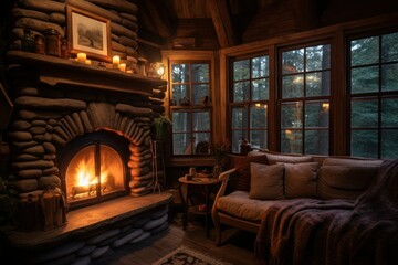 Cozy woodland cabin interior with fireplace and wooden furniture.