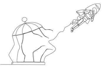 Single one line drawing robot flying with rocket and breaks the cage. Free from traps. Getting a booster to continue the business. Business soared. AI tech. Continuous line design graphic illustration