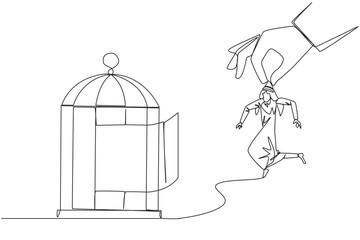 Single continuous line drawing big hand holding Arab businessman and want put in a cage. Trapping roughly. Beating a business opponent by cheating. Unfair business. One line design vector illustration