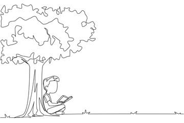 Single continuous line drawing boy sitting reading a book under shady tree. Continuing the second volume of the fiction story book. Enjoy reading. Book festival. One line design vector illustration - obrazy, fototapety, plakaty