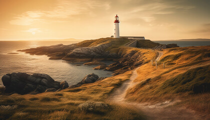 Fototapeta premium Coastline sunset, outdoors cliff, landscape water, dusk rock, object travel generated by AI