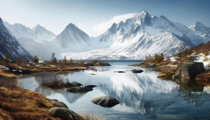 Fototapeta na wymiar Majestic mountain peak reflects tranquil beauty in nature panoramic landscape generated by AI