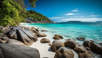 Tropical coastline, turquoise waters, tranquil sunset, idyllic vacation destination generated by AI
