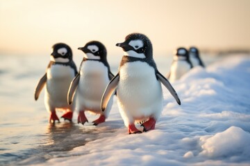 Curious penguins waddling along the icy shoreline.