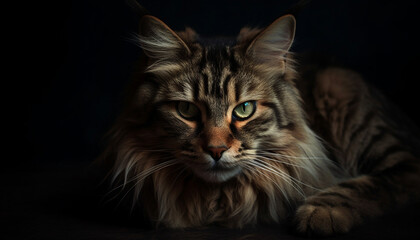 Fototapeta premium Cute kitten staring, fluffy fur, striped, looking at camera generated by AI
