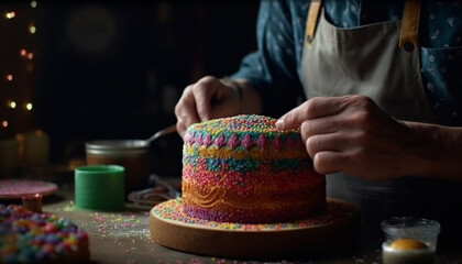 One person making homemade dessert, decorating cake with creativity generated by AI