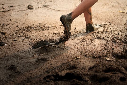 Someone is walking barefoot in the mud while searching for 'kijing' shells