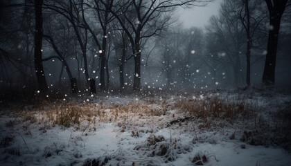 Winter night  snowy forest, dark tree, frosty branch, mysterious beauty generated by AI