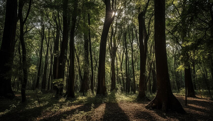 Tranquil scene  Sunlit tree, vibrant foliage, nature beauty in summer generated by AI