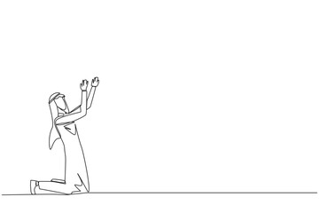 Single one line drawing Arabian businessman kneeling raising hands to pray. Praying to make it easier to do business. Businessman lost hope. Surrender. Continuous line design graphic illustration