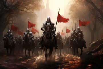 Templar knights on a quest in a fantasy landscape - obrazy, fototapety, plakaty