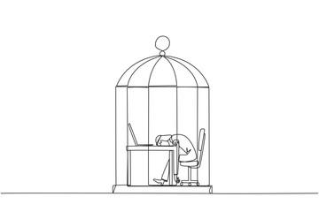 Single one line drawing Arabian businessman trapped in cage asleep on laptop. Tired of repetitive routines. The many deadlines require overtime every day. Continuous line design graphic illustration