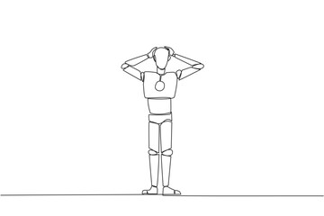 Single one line drawing robot standing straight holding head with both hands. Gestures excited or surprised. Unusual facial expressions. Startled. AI tech. Continuous line design graphic illustration