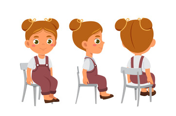 Character girl set. Kid in casual clothes at chairs. Schooler and preschooler. Pack for animations. Social media sticker. Cartoon flat vector collection isolated on white background