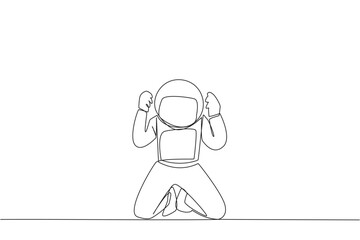 Single one line drawing young astronaut kneeling like praying. Lost hope. Businesses will bankrupt if fail to get bona fide clients. Gesture of surrender. Continuous line design graphic illustration