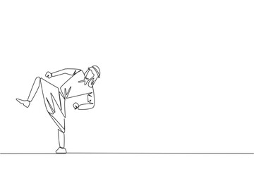 Single one line drawing Arabian businessman doing taekwondo movements. Kicking motion. Strong legs. Keeping business with sport. Keep healthy stay strong. Continuous line design graphic illustration