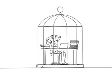 Single continuous line drawing robot trapped in cage sitting on office chair holding head. Being in routine trap. Tired and irritated with the daily grind. AI tech. One line design vector illustration