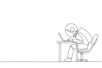 Single one line drawing astronaut sitting and typing on laptop computer. Work hard to achieve maximum expected results. Overtime and work smart. Spaceman. Continuous line design graphic illustration