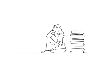 Continuous one line drawing Arabian businessman sitting near piles of work files. Too much work is stressful. Putting off work makes work neglected. Tired. Single line draw design vector illustration
