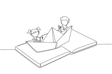 Single one line drawing the kids reading a book on paper boat. Maintain the good habits. The metaphor of reading can explore oceans. Book festival concept. Continuous line design graphic illustration