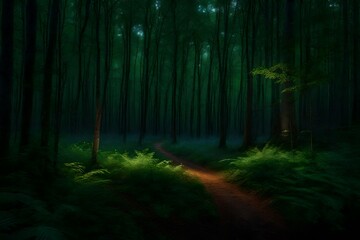 Obraz premium A pristine forest clearing at dusk, where fireflies illuminate the night