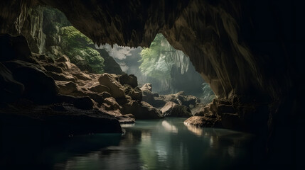 Cave's interior features an underground river, accompanied by the gentle intrusion of natural light through openings in the ceiling, showcasing vegetation.