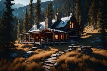 A remote cabin in the Rocky Mountains, a cozy retreat amidst nature's grandeur.