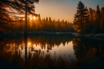 Obraz premium A peaceful forest pond at sunset, where the sky is painted in warm, rich hues