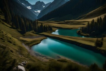 A serene alpine valley with a meandering river.