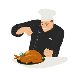 Chief cook with food concept. Man in apron and white hat with grill chicken. Sticker for social networks and messengers. Cartoon flat vector illustration isolated on white background