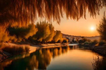 A serene riverbank under a Mediterranean sunset, where the world is bathed in warm hues.