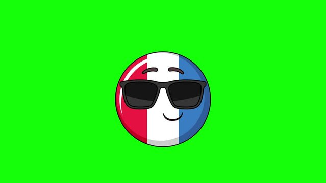 flag of france emoji cartoon smiling face with sunglasses, emoticon animation
