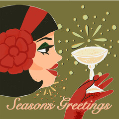 1920s style girl drinks champagne from a crystal glass, watches fireworks at a New Year party. Art Deco vintage card